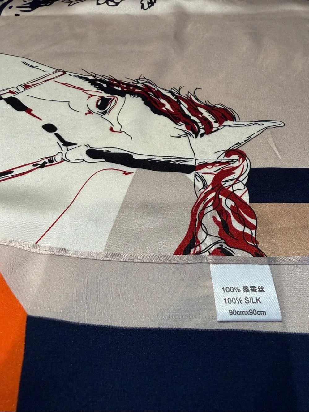 Decorative Horse Print in silk. Orange, Navy & Beige Scarf.